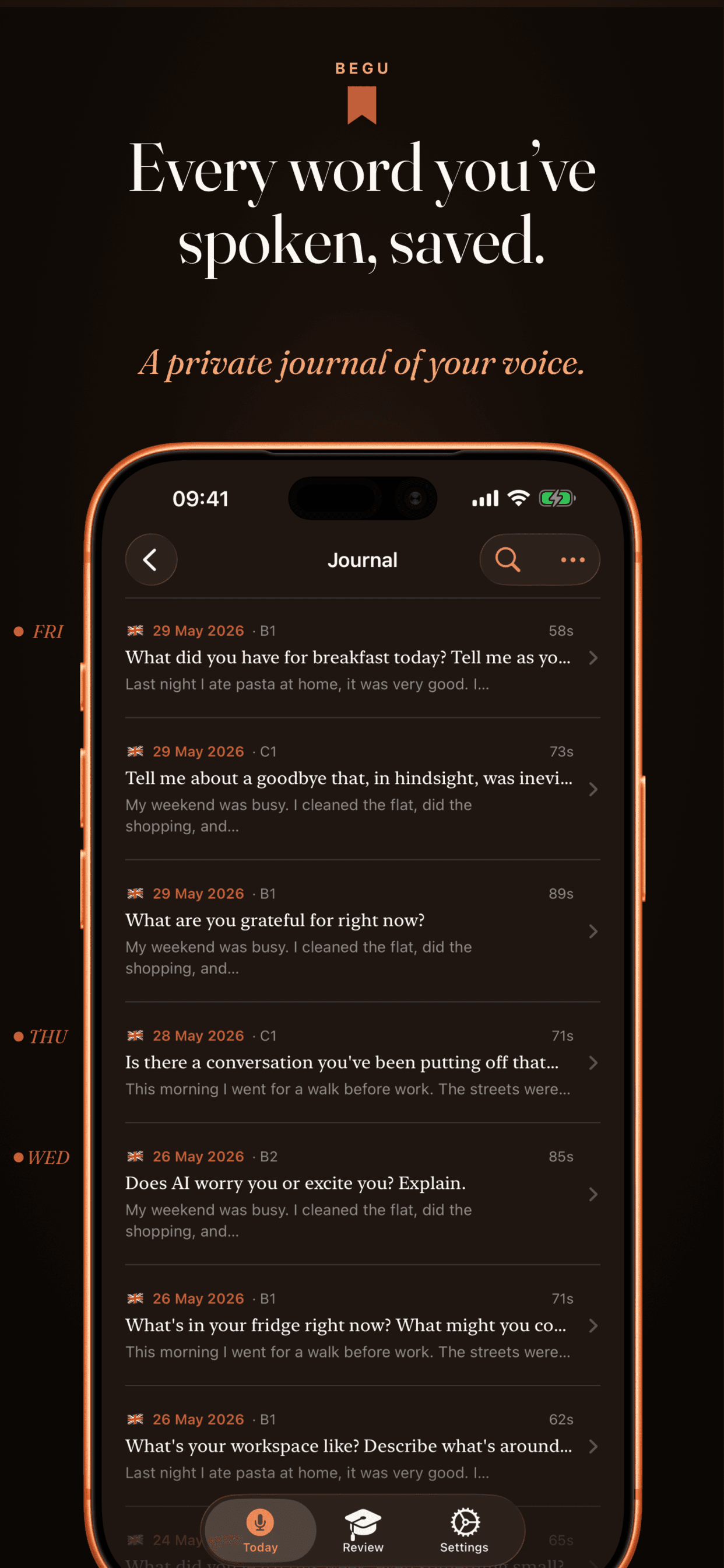 Every word you've spoken, saved — a private journal of your voice