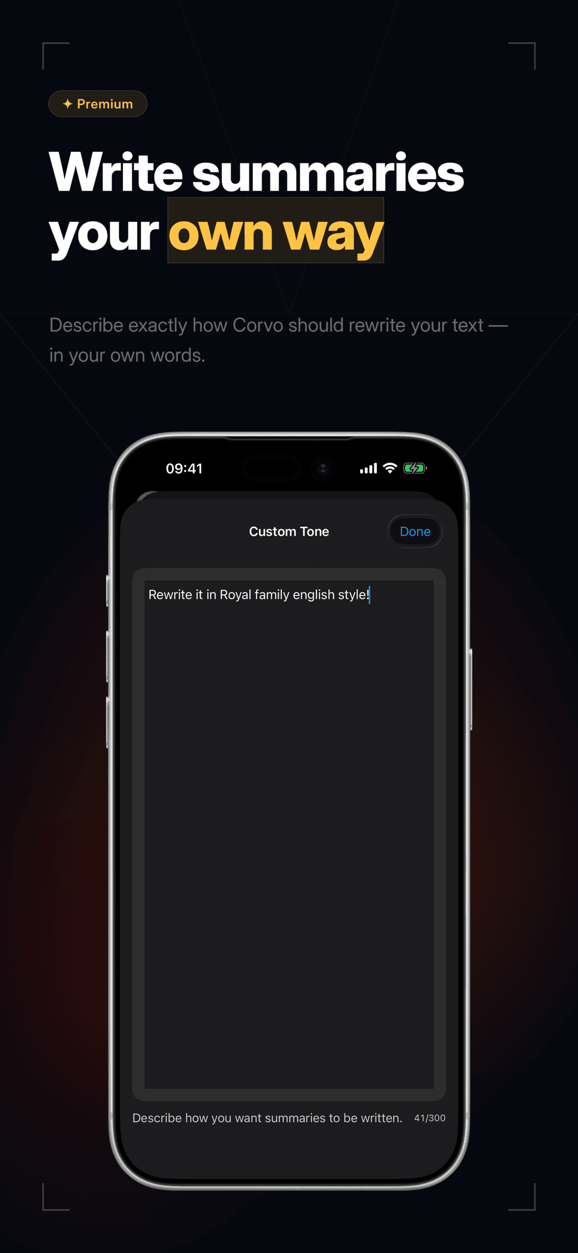 Corvo settings on iPhone