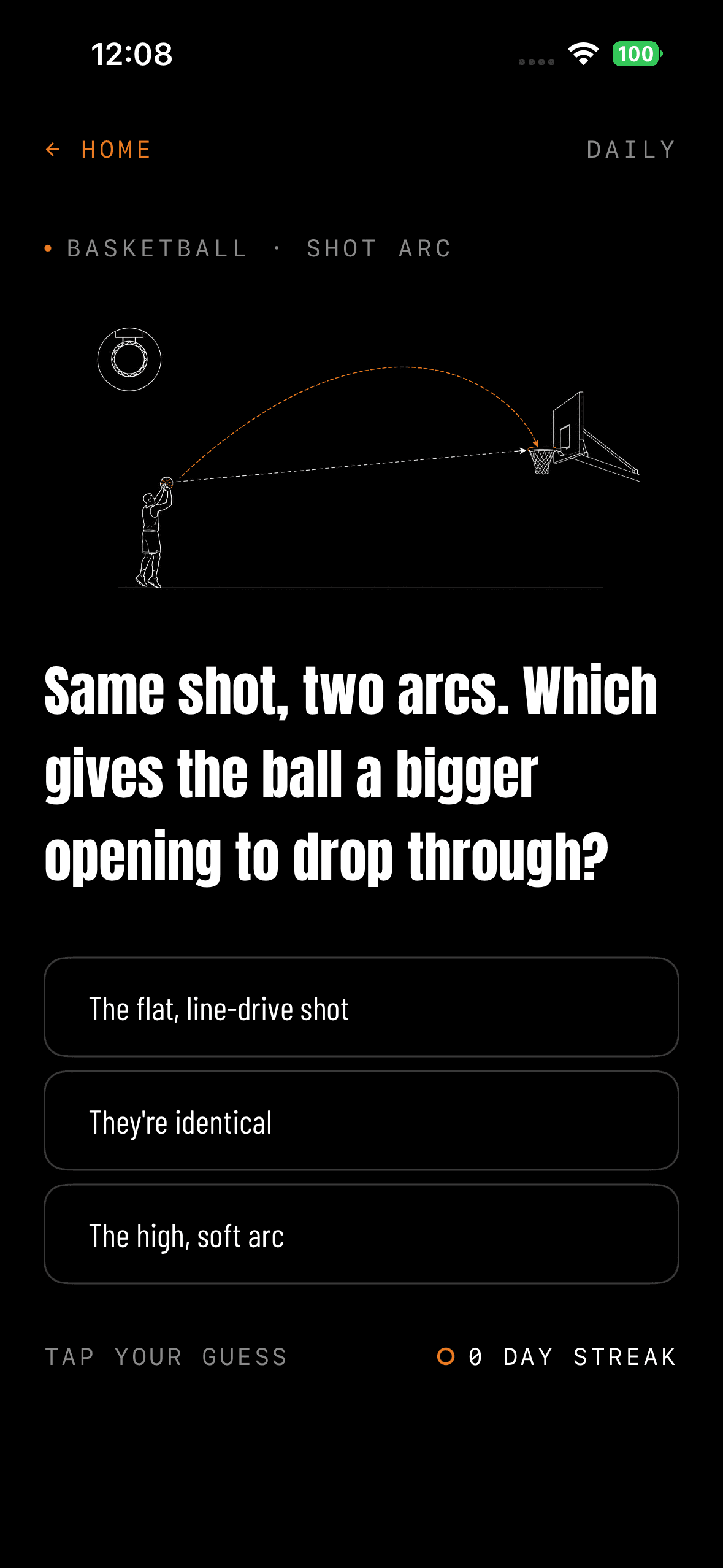 Daily question — which arc gives the ball a bigger opening to drop through
